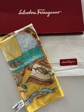 Salvatore Ferragamo Vintage Cotton Pocket Square - Sailboat & Marine Life Print